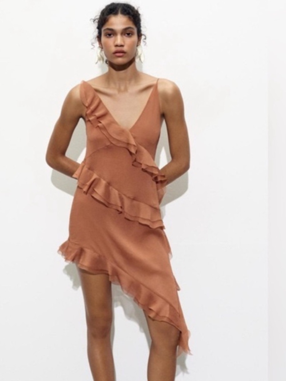 Zara Asymmetric Slip Dress in Rust